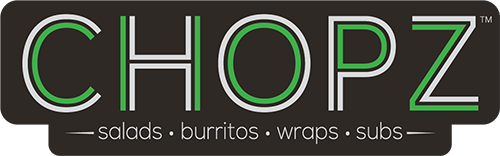 Chopz Logo in green, white and black with Salads, burritos, wraps and subs text